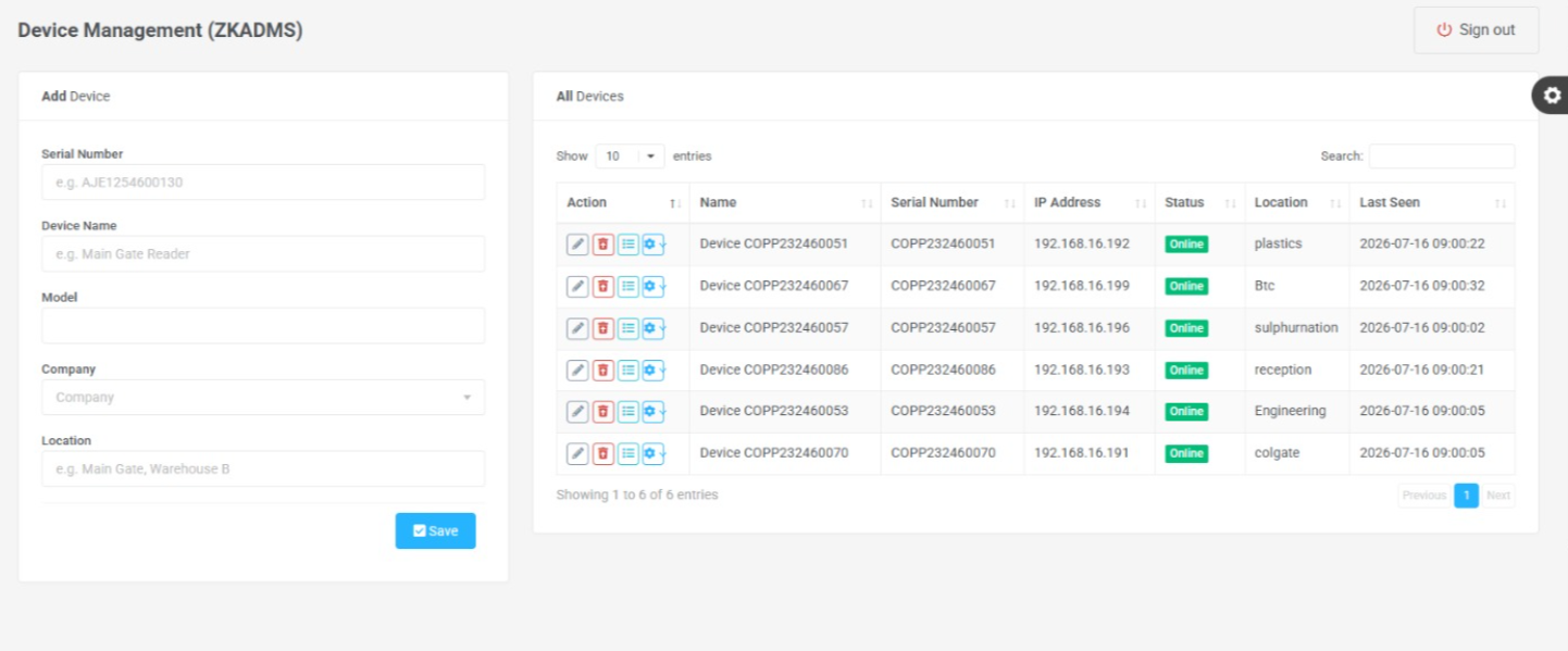 InfoHR biometric device management — live ZKTeco attendance readers across branches